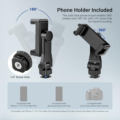 NEEWER Basics Camera Tripod, 74" Tripod with Cell Phone Holder Mount Compatible with iPhone for Video Recording, Professional Aluminum Lightweight Portable Travel Stand with 3 Way Pan Tilt Head, TP56 - style: TP56