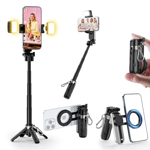 CloudValley Upgraded Magnetic Mini Selfie Stick Tripod with 2 Fill Lights, 4-in-1 Pocket Size Phone Tripod with 360° Rotation, Rechargeable Bluetooth Remote, Foldable Grip for iPhone Vlog Photo Video - style: with Fill Lght
