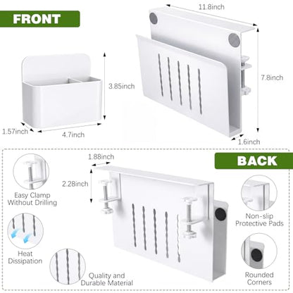 Roowest 2 Pcs Teacher Rolling Desk Accessories Cup Holder & Desk-side Storage Organizer Teacher Classroom Standing Desk Organizer White Laptop Holder with 2-layer Anti-spill Under Mug Hook, Heavy Duty