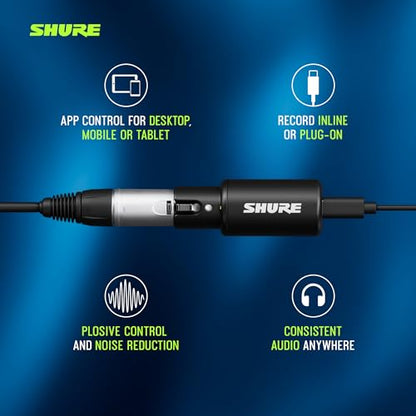 Shure MVX2U Gen 2 XLR-to-USB-C Digital Audio Interface, Apple MFi Certified, Portable Setup for Audio Processing, Noise-Free Recording Between XLR and USB-C Devices