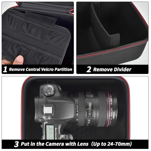 Comecase Hard Camera Case for Canon R50/R100/T7, for Sony A6400/ZV-E10 | Small Camera Bag with Hard EVA Shell, Adjustable Dividers, 6 Battery/SD Organizer Slots and Shoulder Strap, case only, Black - color: Black+Red Zipper