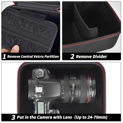 Comecase Hard Camera Case for Canon R50/R100/T7, for Sony A6400/ZV-E10 | Small Camera Bag with Hard EVA Shell, Adjustable Dividers, 6 Battery/SD Organizer Slots and Shoulder Strap, case only, Black - color: Black+Red Zipper