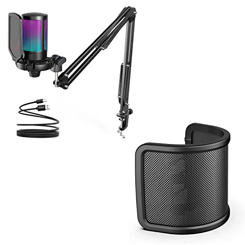 FIFINE Gaming PC USB Microphone Kit with Metal Pop Filter, Podcast Condenser Mic with Boom Arm Bundle, Mute Button, RGB, Streaming Mic for Recording, Videos, Twitch, YouTube (A6T+U1)
