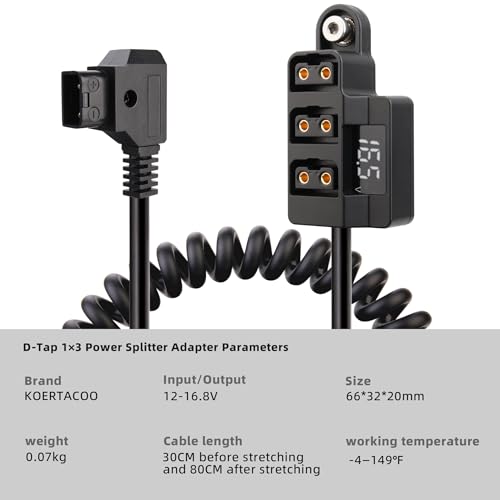 D-Tap 1×3 Power Splitter Adapter with Voltage Display & 1/4 Mounting Screws for V-Mount/Gold Mount Battery,Camera Cage,Video Transmission, Monitor, BMPCC 4K/6K, etc. (Coiled Cable Version)