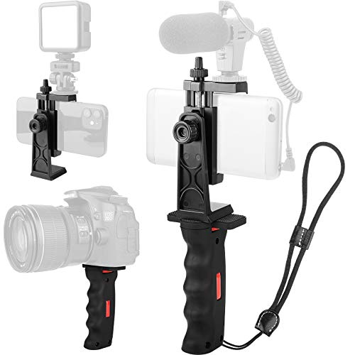 Vlogging Holder, Cell Phone Camera Handle Grip Stabilizer, Ergonomic Phone Video Stabilizer, Handheld Selfie Stick Smartphone Holder with Cold Shoe Mount for Mic/Flash Light, Wrist Strap