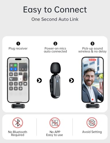 Wireless Lavalier Microphone for iPhone iPad with Charging Case 7H Clip on Lapel Microphone Wireless, 2 Pack Wireless Lapel Mic for Video Recording, Podcast Vlog, YouTube