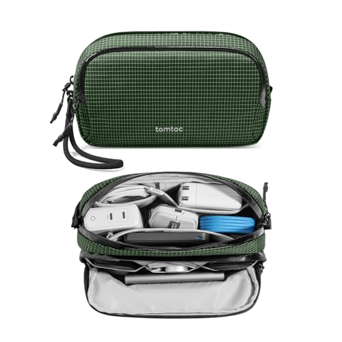 tomtoc Electronic Organizer Travel Case Performance, Water Resistant Dual Compartment Cable Organization Storage Bag for Charger, Cord, Phone, Hard Drive, Power Bank, Accessories Travel Essentials - color: Green Plaid, size: Medium