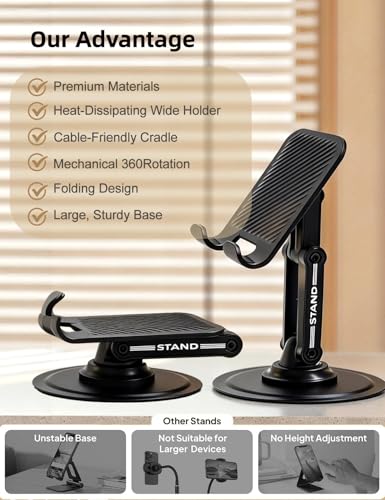 360° Rotating Adjustable Desk Phone Stand with Carbon Steel Base | 180° tilt arm, foldable design, adjustable joint tension, anti-slip silicone pads, fits 4-8 inch iPhone & Android devices