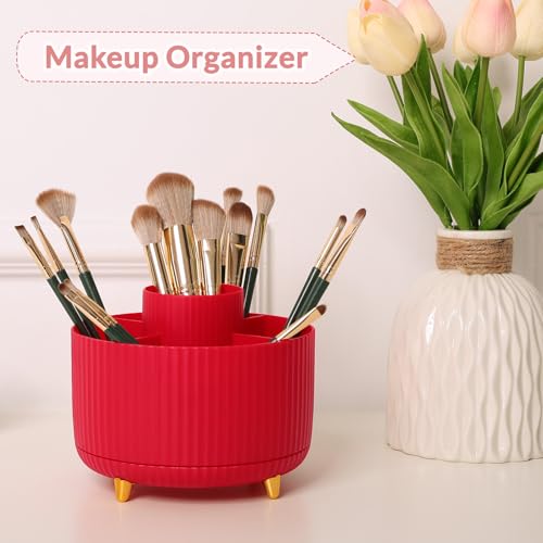 SKYDUE 360 Degree Rotating Desk Organizer, Dual-Purpose Pencil Pen Holder, Pen Organizer with 5 Slots, Pencil Cup for Office, School, Home - color: Red