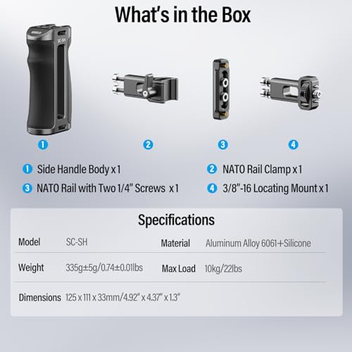 SIRUI Camera Cage Side Handle, Aluminum NATO and 3/8'' Locating Mount for ARRI Side Hand Grip with Cold Shoe and Threaded Holes, Up and Down Adjustable, Pack of 1, SC-SH
