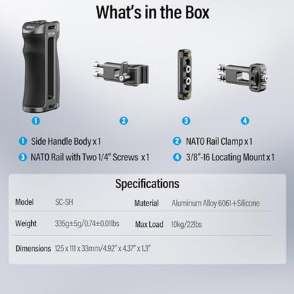 SIRUI Camera Cage Side Handle, Aluminum NATO and 3/8'' Locating Mount for ARRI Side Hand Grip with Cold Shoe and Threaded Holes, Up and Down Adjustable, Pack of 1, SC-SH
