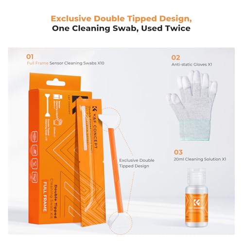 K&F Concept Full Frame Sensor Cleaning Kit, Mirrorless Camera Cleaner Kit - 20ml Sensor Cleaner, 10 X 24mm Double-Tipped Full Frame Sensor Cleaning Swabs & Gloves - size: 24mm