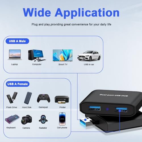 USB Hub,USB Splitter 1 in 2 Out Adapter, Double USB Hub for Laptop,Xbox PC, MAC, Mac Book, Tablet, Tab, Console, Printer, Camera(Data and for Charging, Wouldn't Work with CarPlay)