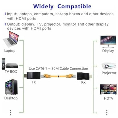4K HDMI to RJ45 Extender, HDMI Extender Over Ethernet Cat 6/7/ 8 Cable, Hdmi Repeater to RJ45 Network Converter for HDTV STB DVD PS4, Support Audio Video 1080P UP to 98FT/30m