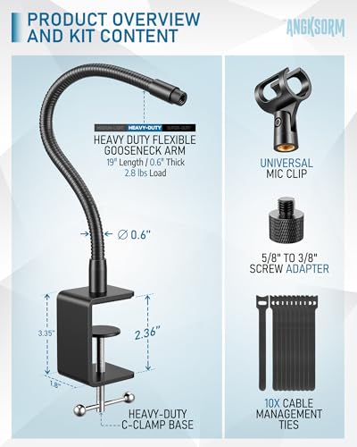 19-INCHS Flexible Gooseneck Microphone Stand with Heavy Duty Desk Clamp for Podcast, Meetings, Lectures, Radio Broadcasting Studio, Live Broadcast Equipment, TV Stations - size: 19-INCH