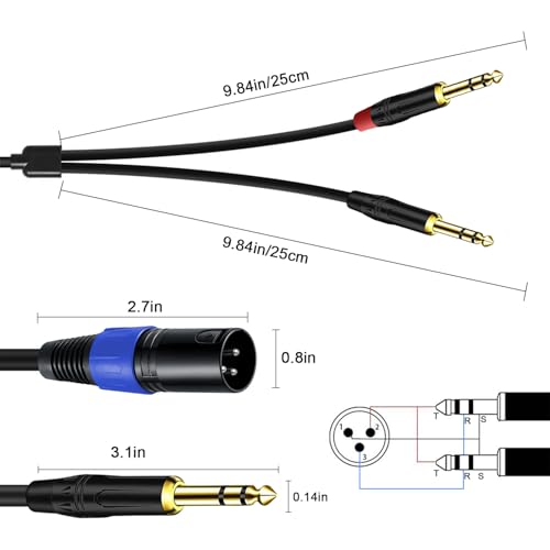 2Pack 6.35mm Dual TRS to XLR Male Cable for Microphone, Mixer, Amplifier, 1.5 FT, 1/4 TRS to XLR Audio Cable, Y Splitter Patch Cord, 3-Pinxlr to Dual 1/4 Male Converter Adapter Cable - size: 1.5Ft, 2Pack, style: Dual 1/4 to XLR Male