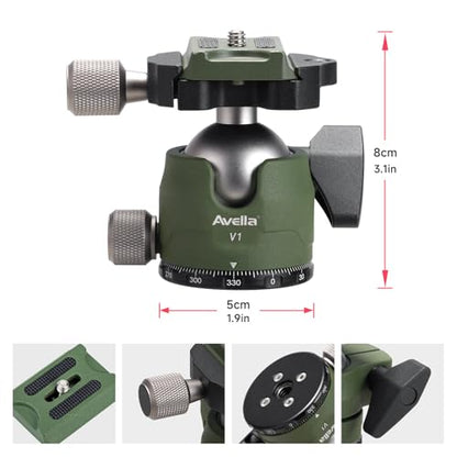 Avella V1 DSLR Camera Tripod Ball Head 38MM, 360 Degree Swivel,U-Shaped Groove Design, for Canon Nikon Sony Olympus Panasonic DSLR Camera-Green