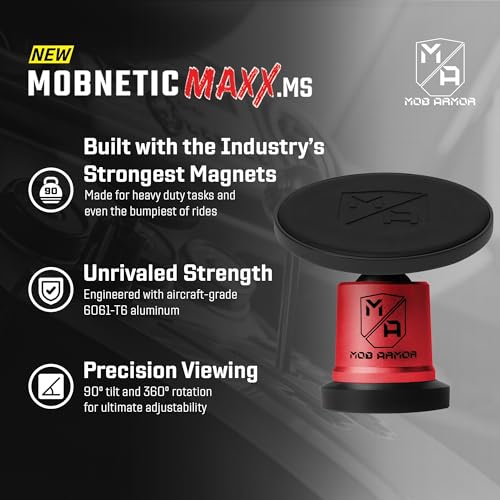 Mob Armor MobNetic Maxx MS - MagSafe Compatible Car Phone Mount w/ 90º Tilt, 360º Rotation & Durable Aluminum Build, Magnetic Holder for iPhone & Android Devices, USA Assembled - Red - color: Red