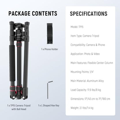 NEEWER Basics Camera Tripod Monopod, 71" Aluminum Heavy Duty Portable Travel DSLR Cell Phone Stand with 360° Ball Head Cellphone Holder Mount Compatible with iPhone for Filming Video Recording, TP15 - style: TP15 w/Ball Head