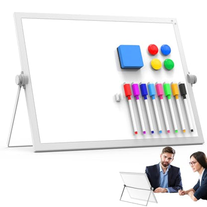 Desktop Whiteboard 16x12 Stand, Double Sided Dry Erase Board Kids | Portable with Handle, Foldable Aluminum Stand, 360° Angle, 8 Markers 4 Magnets 1 Eraser, Smooth Magnetic Surface - size: 16*12white