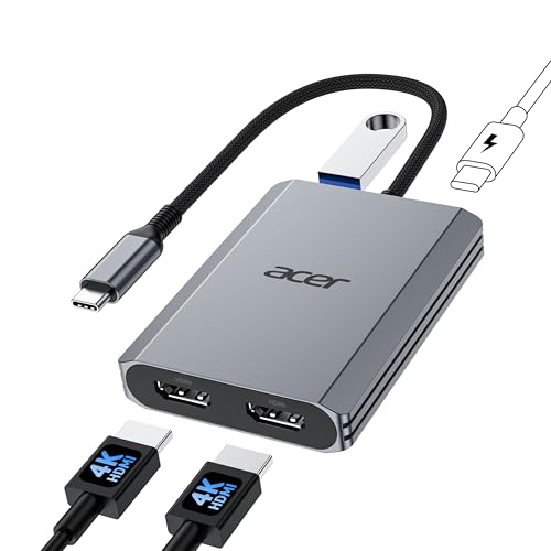 Acer 4-in-1 USB C Hub, Type C to Dual HDMI Adapter 4K@60Hz, HDMI Splitter for Dual Monitors with 100W PD Port, USB 3.0, Dual Monitor Adapter for USB C Devices with DP Alt Mode (0.65FT)