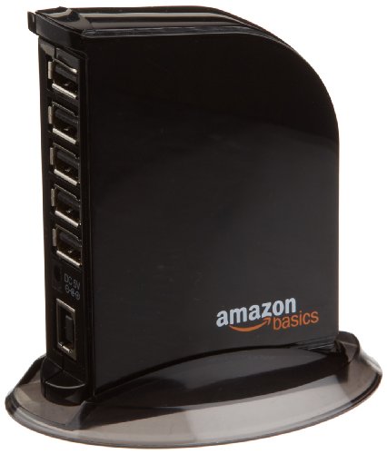 Amazon Basics 7-Port USB 2.0 Hub Tower for Laptop and PC, USB Splitter with 5V/4A Power Adapter, 2 Fast Charging Ports, Plug and Play, Black