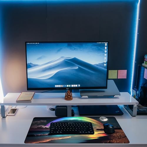 Desk Mat, Rainbow and Full Moon Desk Pad, Beach at Night Large Gaming Mouse Pad for Desk, 31.5"x15.7" Extended Big Computer Keyboard Mouse Pad with Non-Slip Base and Stitched Edge - color: Rainbow and Full Moon