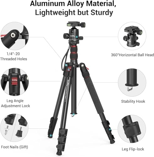 SmallRig CT-20 Camera Tripod, 78.7" Foldable Aluminum Tripod & Monopod, 360°Ball Head Detachable, Payload 33lb (200cm/78.7") - style: 78.7"