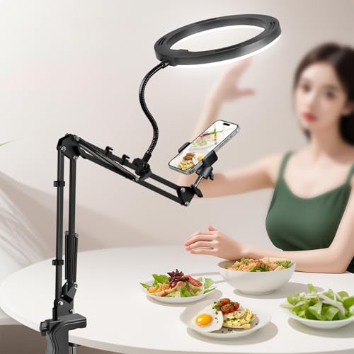 Overhead Phone Mount with Ring Light, 6.5in LED Selfie Ring Light for Desk，,Adjustable Phone Mount，for Video Recording,Live Stream,Cooking Video