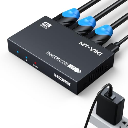 MT-VIKI 1x2 2.0 HDMI Splitter 1 in 2 Out, 4K@60Hz HDMI Duplicator/Distributor HDR Support EDID HDCP 2.2 RGB 4:4:4 18Gbps-Adapter Included (2 Ports) - size: 1x2 4K60