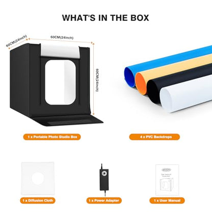 Light Box Photography 24"x24" with 120LED Lights and 4 Color Backdrops Photo Box with Lights, Foldable Light Box with Adjustable Brightness, 6000-6500K Dimmable Portable Picture Box Shooting - size: 24" with 6000-6500K
