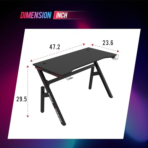 BestOffice | 47" Gaming Desk | Red | Carbon Fiber Textured Computer Desk | Sturdy Steel Frame, Cup Holder, Headphone Hook, Cable Management Holes, Adjustable Leg Pads | for Gamers, Home, Office - color: Red, size: 47 Inch R Shaped