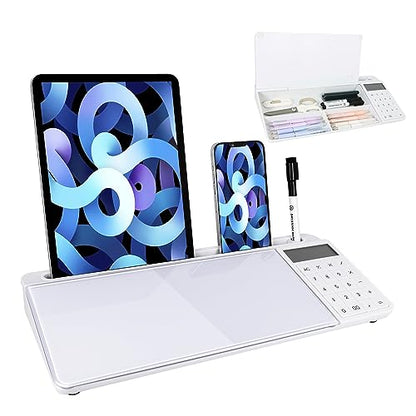 Small Glass Desktop Whiteboard Dry Erase Board with Calculator - Desktop White Board Storage Memo Notepad Computer Keyboard Stand Organizers with Accessories Markers, Eraser for Office, Home, School