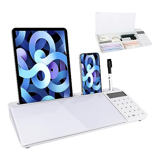 Small Glass Desktop Whiteboard Dry Erase Board with Calculator - Desktop White Board Storage Memo Notepad Computer Keyboard Stand Organizers with Accessories Markers, Eraser for Office, Home, School