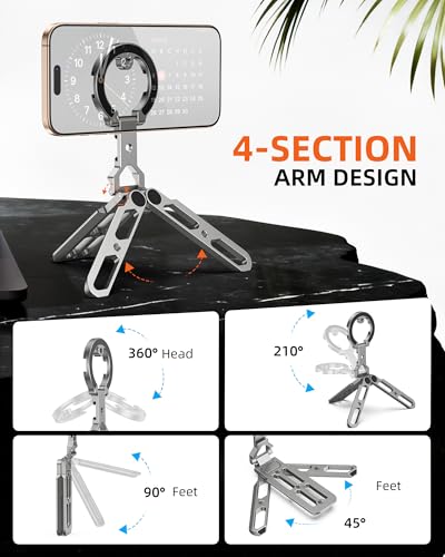 Magnetic Aluminum Phone Tripod Holder Mount Stand Handle with 1/4" Srcew & Cold Shoe & Arca-Swiss,Mini Pocket Foldable Cell Phone Stand,Compatible with MagSafe for iPhone, Fits Gym,Vlog,Travel,Desk