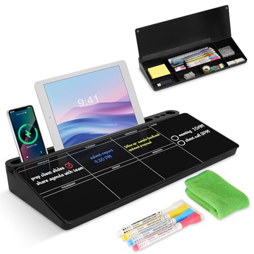 Desktop Glass Whiteboard with Storage, Weekly Calendar Desk Dry Erase White Board, Desk Organizers and Accessories, Weekly Planner Board for List, Planning, Memo, Note, Office, Home, College, School - color: Weekly Planner-black