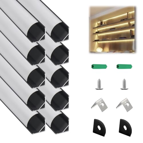 10 Pack Black V Shape LED Channel with Milky White Diffuser Cover 3.3FT Angled Aluminum Extrusion for LED Strip Lights Corner Mounting Track Profile for Under Cabinet Lighting - color: Black Aluminum + White Cover, size: 3.3FT/10P/#006