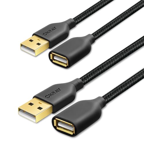 USB Extension Cable, 2-Pack OKRAY 6FT Nylon Braided USB 2.0 Extension Cable Type A Male to Female Cable Extender Cord with Gold-Plated Connector for Printer, Camera, USB Flash Drive, Hard Drive, Mouse - color: Black, size: 6FT