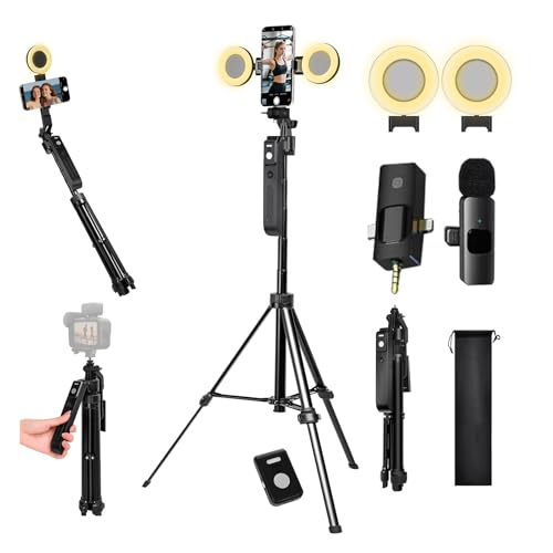 Vlogging Kit for iPhone/Andriod,70.9″ Auto Face Tracking Tipod | 360 rotatable selfie stick tripod, content creator essentials, yutube starter kit, gesture control ,with remote Mic and light - style: With K15 Mic