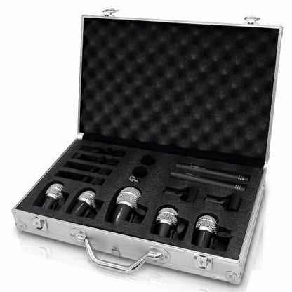 Pyle 7-Piece Wired Dynamic Kit-Kick Bass, Tom/Snare & Cymbals Microphone Set-for Drums, Vocal, & Other Instrument-Complete with Thread Clip, Inserts, Mics Holder & Case, Black