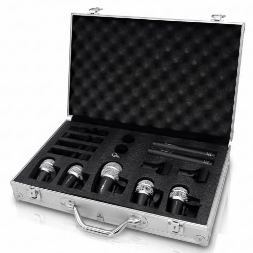 Pyle 7-Piece Wired Dynamic Kit-Kick Bass, Tom/Snare & Cymbals Microphone Set-for Drums, Vocal, & Other Instrument-Complete with Thread Clip, Inserts, Mics Holder & Case, Black
