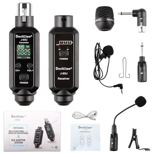 48V Phantom Power Wireless XLR System - 0V/5V/48V Switchable for Dynamic & Condenser Mics - UHF Audio Adapter with Lavalier & Instrument Microphone for Mixer PA DJ
