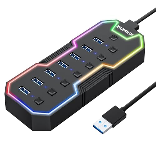 USB Hub 7 Port, RGB LED Strip USB Splitter for Laptop Gaming | USB 3.0 Hub with Individual LED On/Off Switches for Mac, PC, Desktop, Flash Drive, Mobile HDD