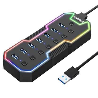 USB Hub 7 Port, RGB LED Strip USB Splitter for Laptop Gaming | USB 3.0 Hub with Individual LED On/Off Switches for Mac, PC, Desktop, Flash Drive, Mobile HDD