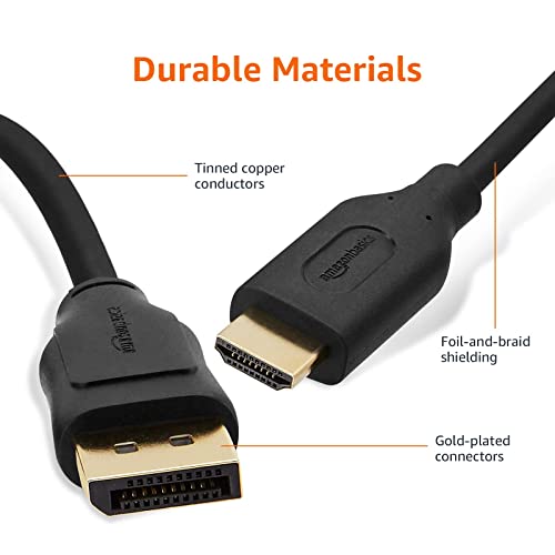 Amazon Basics DisplayPort to HDMI Cable, Uni-Directional, 4K@30Hz, 1920x1200, 1080p, Gold-Plated Connectors for Enhanced Picture Quality and Sound, 6 ft, Black - size: 6 Feet, style: 1-Pack