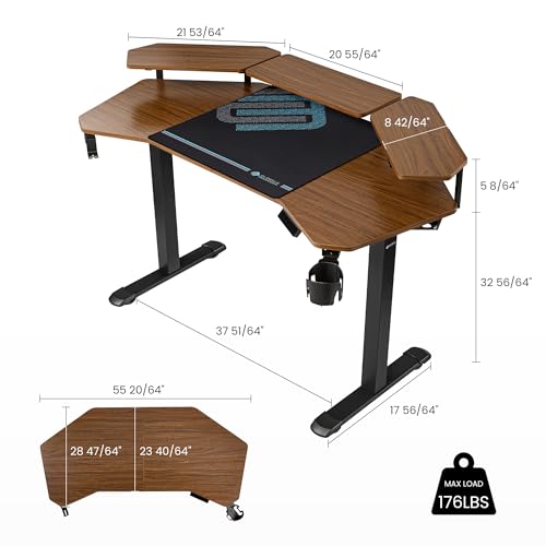 EUREKA ERGONOMIC Aero 55 Inch W Shaped Electric Standing Desk, Height Adjustable Computer Gaming Desk with LED Monitor Shelf, Mouse Pad, Headphone Hook, Cup Holder, Dark Walnut - color: Walnut, size: 55"W x 35"H-Adjustable