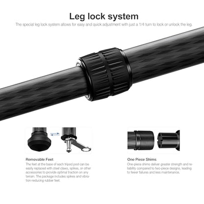 Leofoto LS-223CX+LH-25 Travel Tripod, Tabletop Tripod, Ranger Series, Carbon Fiber, 3 Leg Sections, Lightweight, Ball Head Set - color: LS-223CX+LH-25: Maxload 10kg-3 Sections