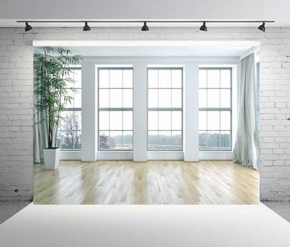 12x8FT White Living Room Wall Podcast Backdrop Modern Interior Wooden Floor Bright Window Background for Zoom Calls Home Office Live Video Photography Studio Props - size: 12x8ft