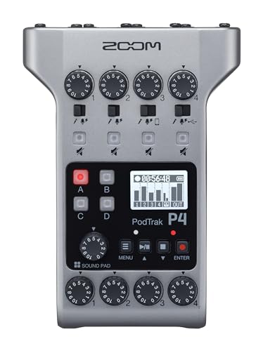 Zoom PodTrak P4 Podcast Recorder with 4 XLR Mic Inputs, 4 Headphone Outputs, Phone & USB Input for Remote Interviews, Sound Pads, 2-In/2-Out USB Audio Interface, Battery Powered