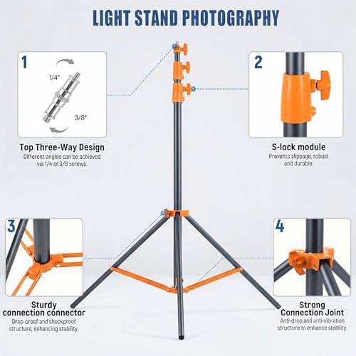 SH Light Stand Photography, 9.1ft/280cm Air Cushioned Studio Light Stand, Heavy Duty Metal Photo Video Tripod Stand with 1/4" to 3/8" Screw for Strobe, Camera, Ring Light, Softbox, Max Load 22lb/10kg - color: Orange
